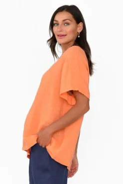 Linen Tops<Cali and Co Micah Apricot Linen Scoop Neck Top