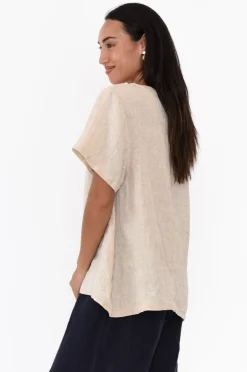 Linen Tops<Cali and Co Micah Beige Linen Scoop Neck Top