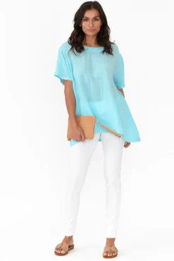 Linen Tops<Cali and Co Micah Blue Linen Scoop Neck Top