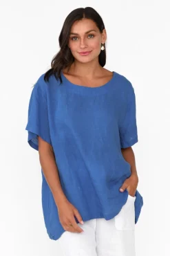 Linen Tops<Cali and Co Micah Cobalt Linen Scoop Neck Top