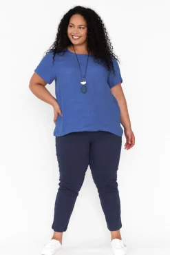 Linen Tops<Cali and Co Micah Cobalt Linen Scoop Neck Top
