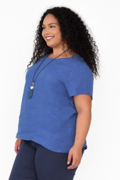 Linen Tops<Cali and Co Micah Cobalt Linen Scoop Neck Top