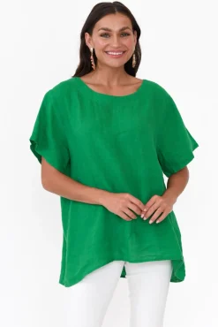 Linen Tops<Cali and Co Micah Green Linen Scoop Neck Top
