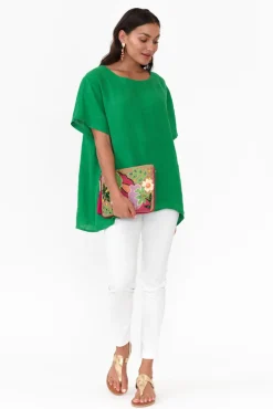 Linen Tops<Cali and Co Micah Green Linen Scoop Neck Top