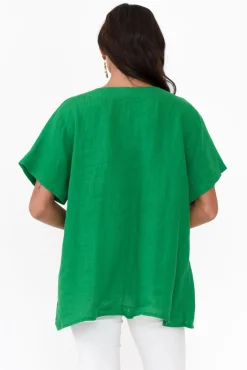 Linen Tops<Cali and Co Micah Green Linen Scoop Neck Top