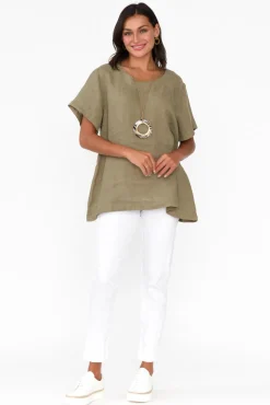Linen Tops<Cali and Co Micah Khaki Linen Scoop Neck Top