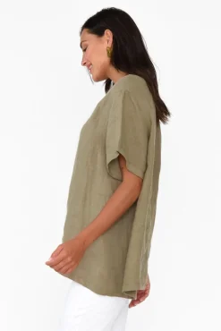 Linen Tops<Cali and Co Micah Khaki Linen Scoop Neck Top