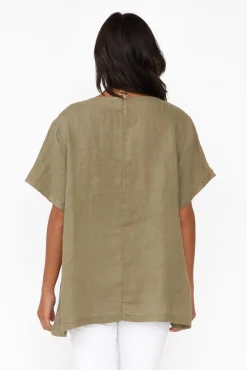 Linen Tops<Cali and Co Micah Khaki Linen Scoop Neck Top