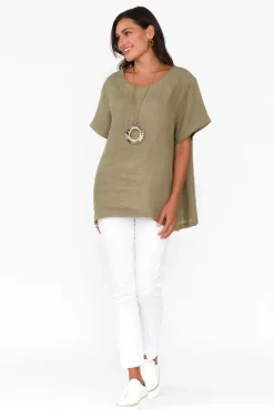Linen Tops<Cali and Co Micah Khaki Linen Scoop Neck Top