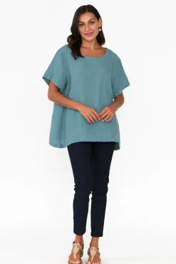 Linen Tops<Cali and Co Micah Teal Linen Scoop Neck Top