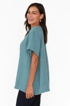 Linen Tops<Cali and Co Micah Teal Linen Scoop Neck Top