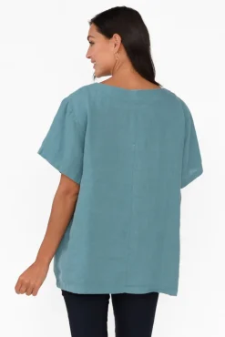 Linen Tops<Cali and Co Micah Teal Linen Scoop Neck Top