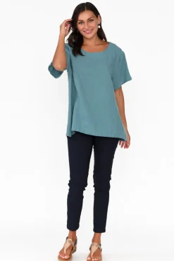 Linen Tops<Cali and Co Micah Teal Linen Scoop Neck Top