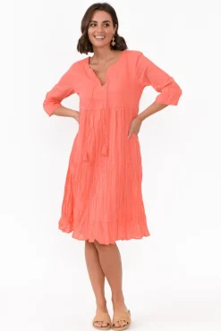 Cotton Dresses<One Summer Milana Coral Crinkle Cotton Dress