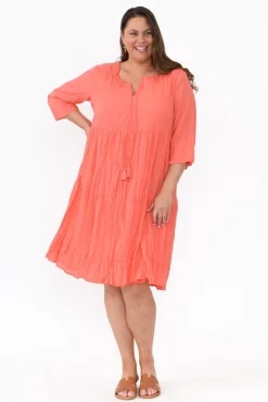 Cotton Dresses<One Summer Milana Coral Crinkle Cotton Dress