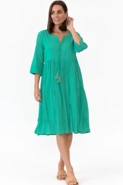Below Knee Dresses<One Summer Milana Emerald Crinkle Cotton Dress