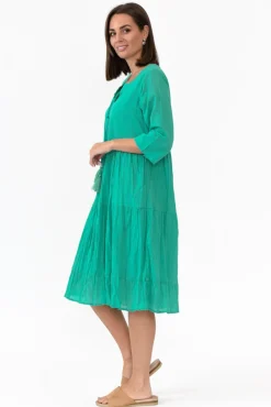 Below Knee Dresses<One Summer Milana Emerald Crinkle Cotton Dress