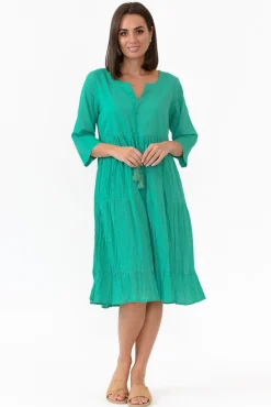 Below Knee Dresses<One Summer Milana Emerald Crinkle Cotton Dress