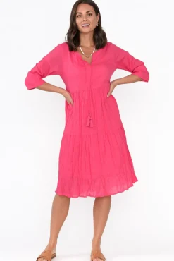 Cotton Dresses<One Summer Milana Hot Pink Crinkle Cotton Dress