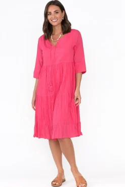 Cotton Dresses<One Summer Milana Hot Pink Crinkle Cotton Dress
