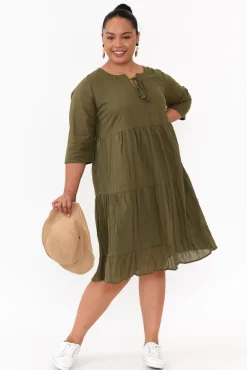 Cotton Dresses<One Summer Milana Khaki Crinkle Cotton Dress