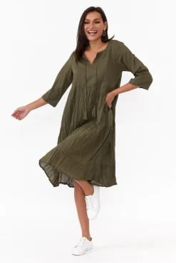 Cotton Dresses<One Summer Milana Khaki Crinkle Cotton Dress