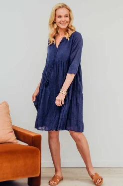 Cotton Dresses<One Summer Milana Navy Crinkle Cotton Dress
