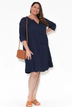 Cotton Dresses<One Summer Milana Navy Crinkle Cotton Dress