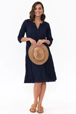 Cotton Dresses<One Summer Milana Navy Crinkle Cotton Dress