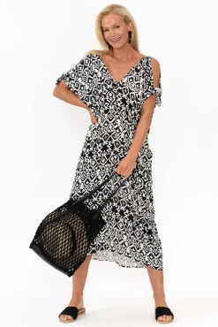 Midi Dresses<Slate the Label Miranda Black Geo Cold Shoulder Kaftan