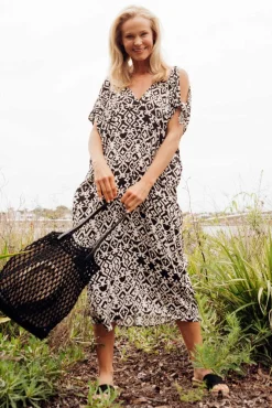 Midi Dresses<Slate the Label Miranda Black Geo Cold Shoulder Kaftan