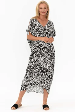 Midi Dresses<Slate the Label Miranda Black Geo Cold Shoulder Kaftan