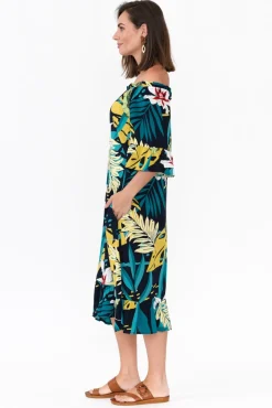 Midi Dresses<Cafe Latte Montauk Navy Tropical Ruffle Sleeve Dress