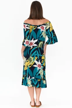 Midi Dresses<Cafe Latte Montauk Navy Tropical Ruffle Sleeve Dress