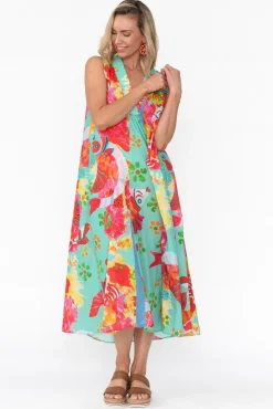 Midi Dresses<Mozaic Mossman Teal Sea Cotton Dress