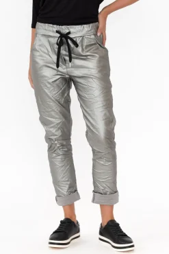 Pants<La Strada Munich Silver Wet Look Stretch Pant