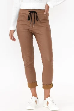 Pants<La Strada Munich Tan Wet Look Stretch Pant