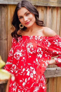 Sleeved Tops<Willow Tree Murdoch Red Floral Ruffle Sleeve Top