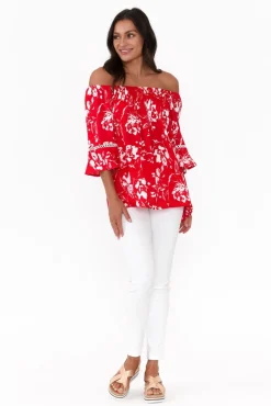 Sleeved Tops<Willow Tree Murdoch Red Floral Ruffle Sleeve Top