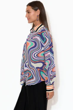 Shirts<Inoa Murphy Cobalt Ripple Puff Sleeve Silk Shirt