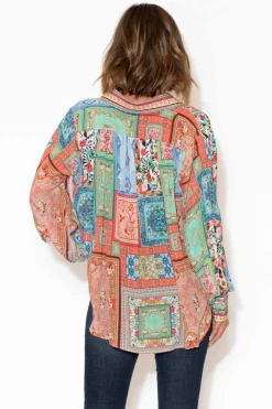 Shirts<Inoa Murphy Red Abstract Puff Sleeve Silk Shirt