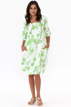 Linen Dresses<Hourglass Myley Green Flower Linen Cotton Dress