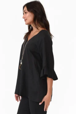 Linen Tops<Hourglass Nala Black Linen Cotton Frill Top