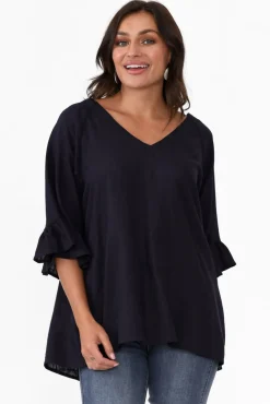 Linen Tops<Hourglass Nala Navy Linen Cotton Frill Top