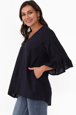 Linen Tops<Hourglass Nala Navy Linen Cotton Frill Top