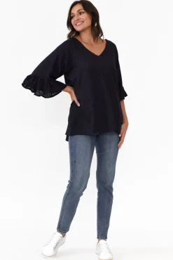 Linen Tops<Hourglass Nala Navy Linen Cotton Frill Top