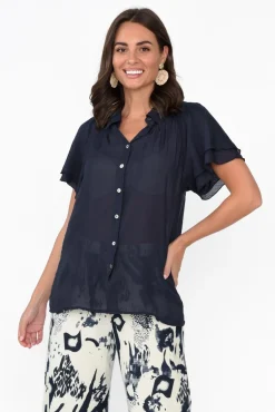 Shirts<Hammock u0026 Vine Nandi Navy Flutter Sleeve Blouse