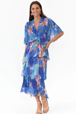 Midi Dresses<La Strada Natalie Cobalt Flower Silk Layer Dress