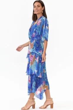 Midi Dresses<La Strada Natalie Cobalt Flower Silk Layer Dress