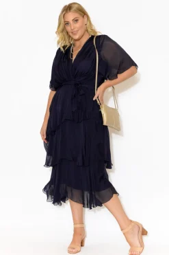 Midi Dresses<La Strada Natalie Navy Silk Layer Dress